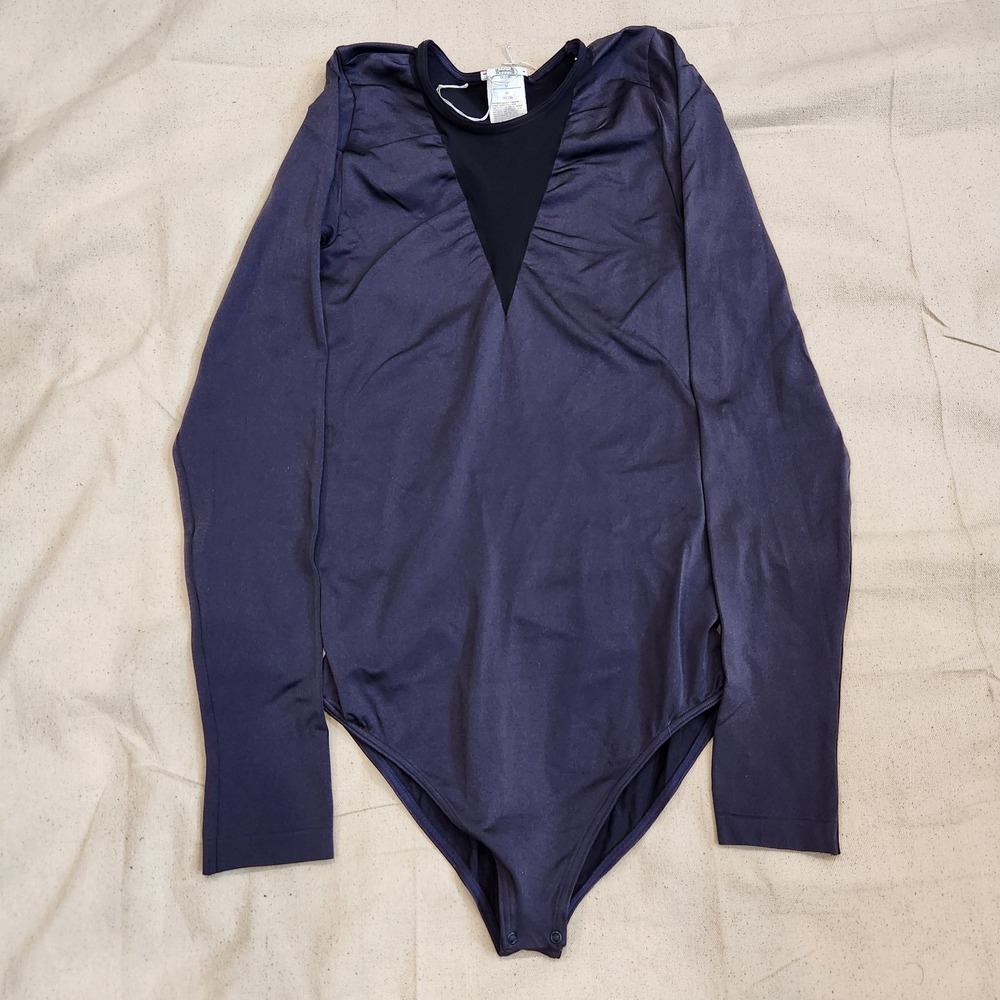Wolford Navy Blue Long Sleeve Bodysuit Size M Sheer Paneled Luxury Flaw V-neck